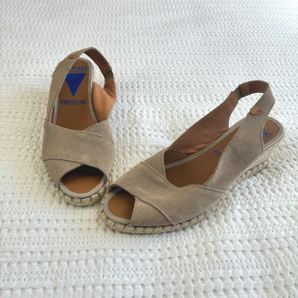 Verbenas Espadrille Wedge Tan Suede Open  Toe Women 7.5/8 Euro 38 Handmade Spain